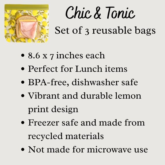 Reusable Lunch Sandwich Bags Set Of 3 Lemon Print BPA Free Dishwasher Safe 8x7in - Picture 8 of 9